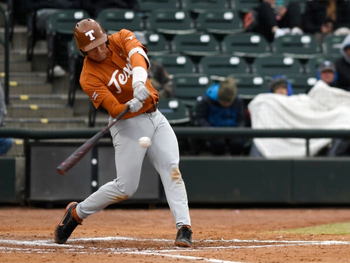 Texas' Ivan Melendez connects with a pitch early in the Longhorns' season. Melendez has multiple 400+ foot home runs this season.
